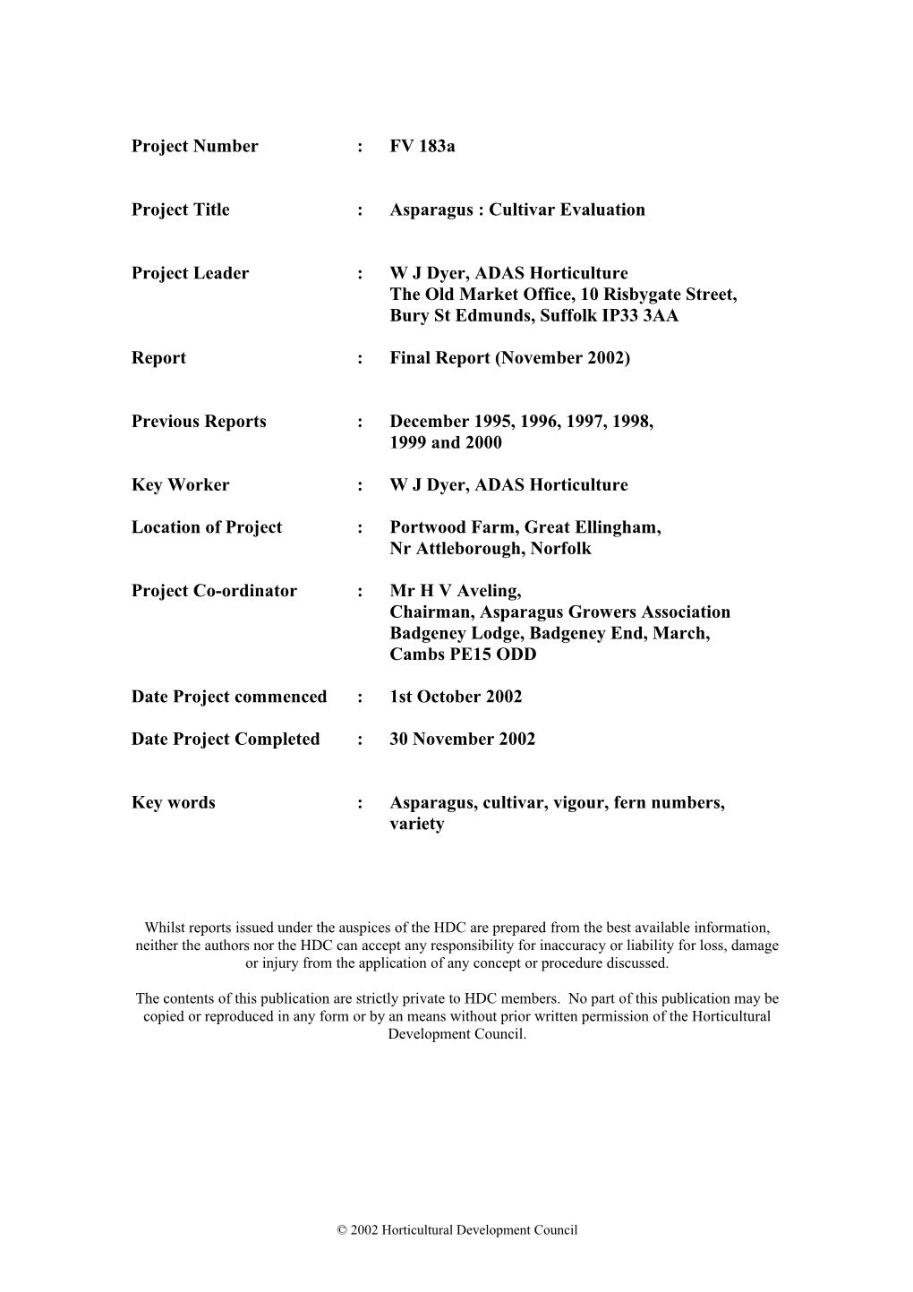 Contract Report for the Horticultural Development Council