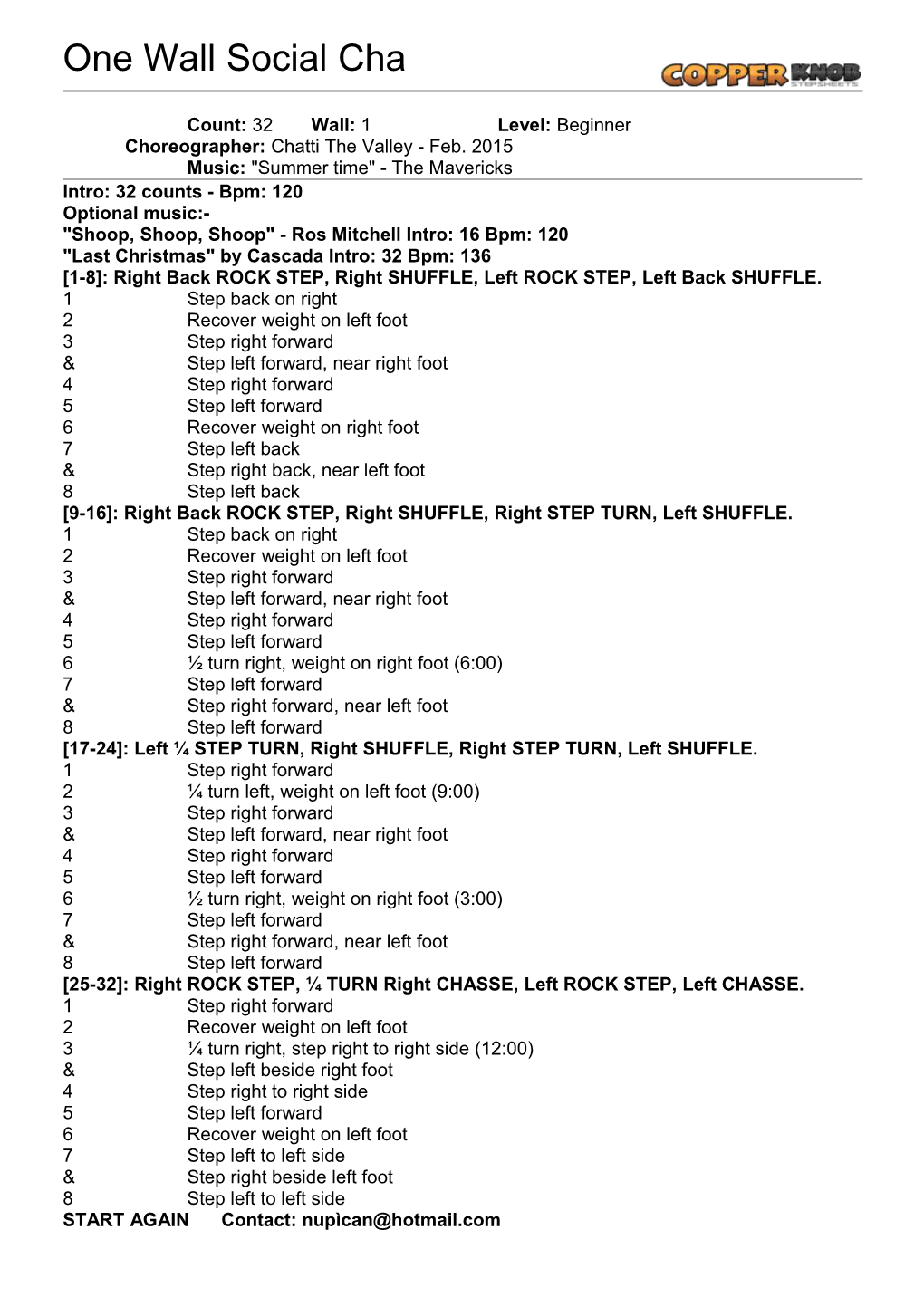 Copperknob - Linedance Stepsheets - One Wall Social Cha