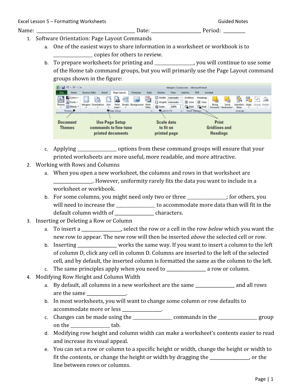 Excel Lesson 5 Formatting Worksheets Guided Notes