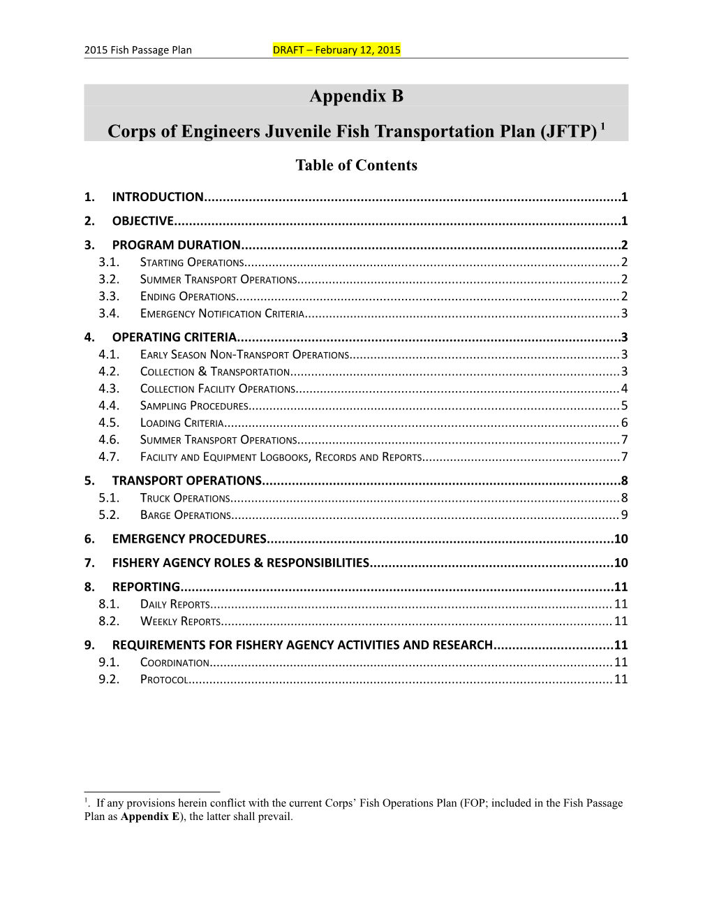 Corps of Engineers' Juvenile Fish Transportation Plan