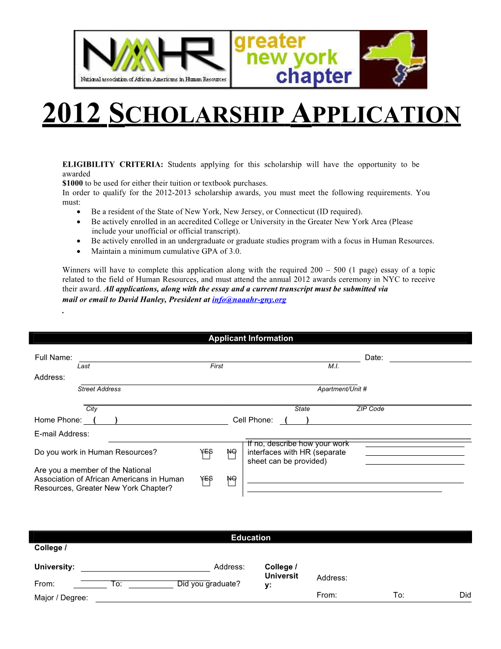 NAAAHR Scholarship Application 2009 WTR