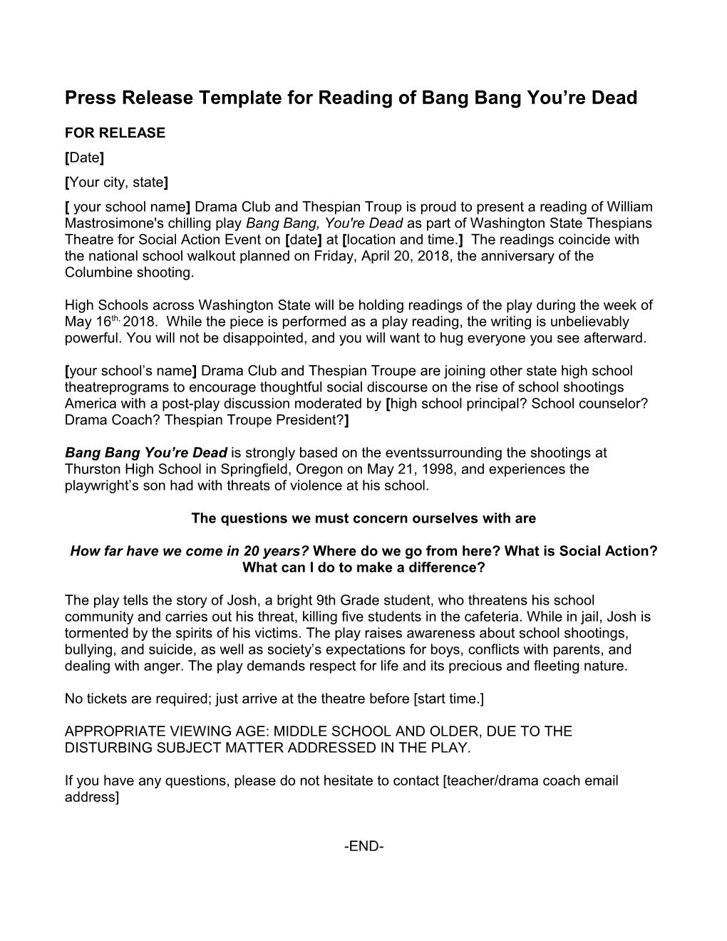 Press Release Template for Reading of Bang Bang You Re Dead