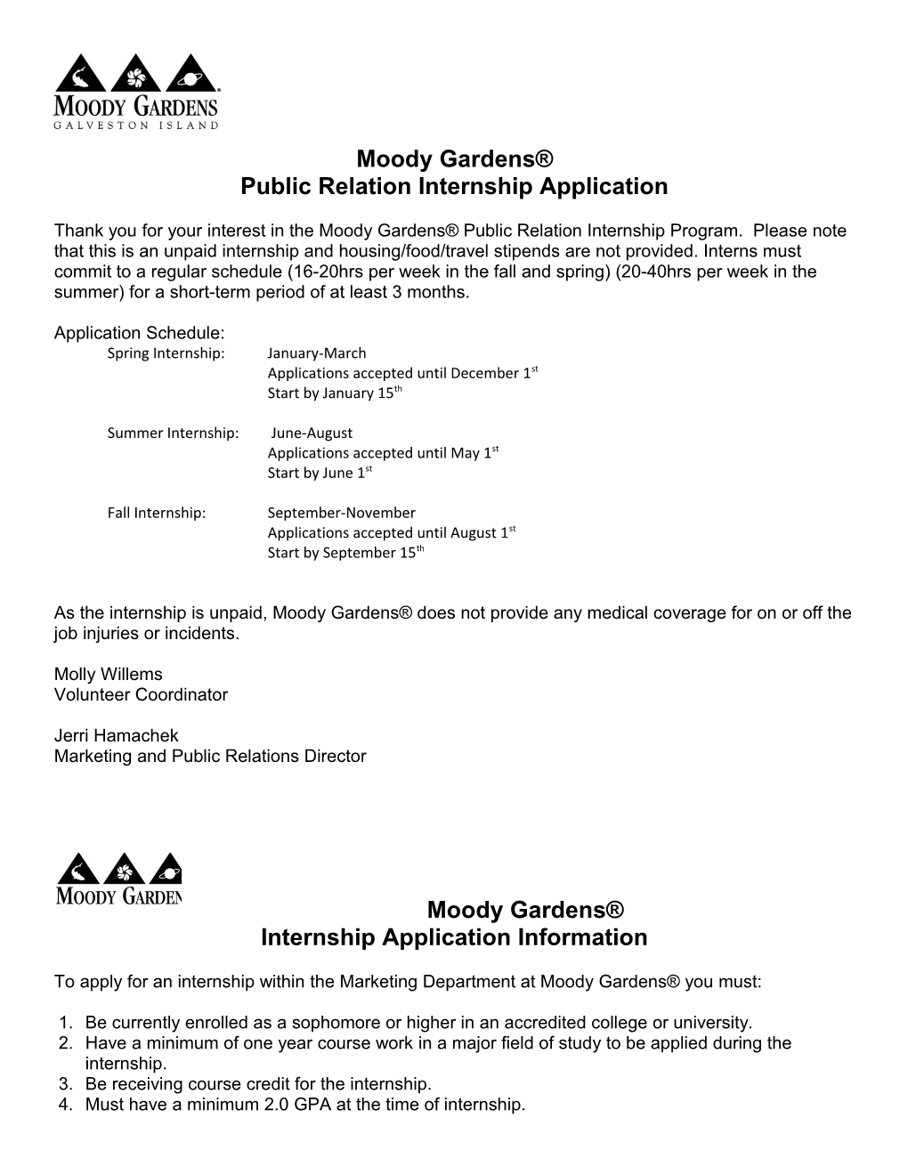 Moody Gardens Public Relation Internship Application