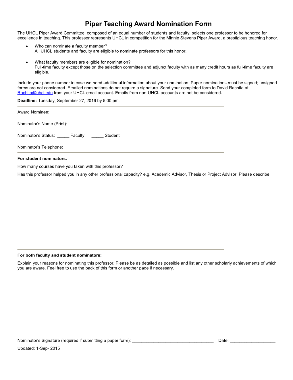 Piper Teaching Award Nomination Form