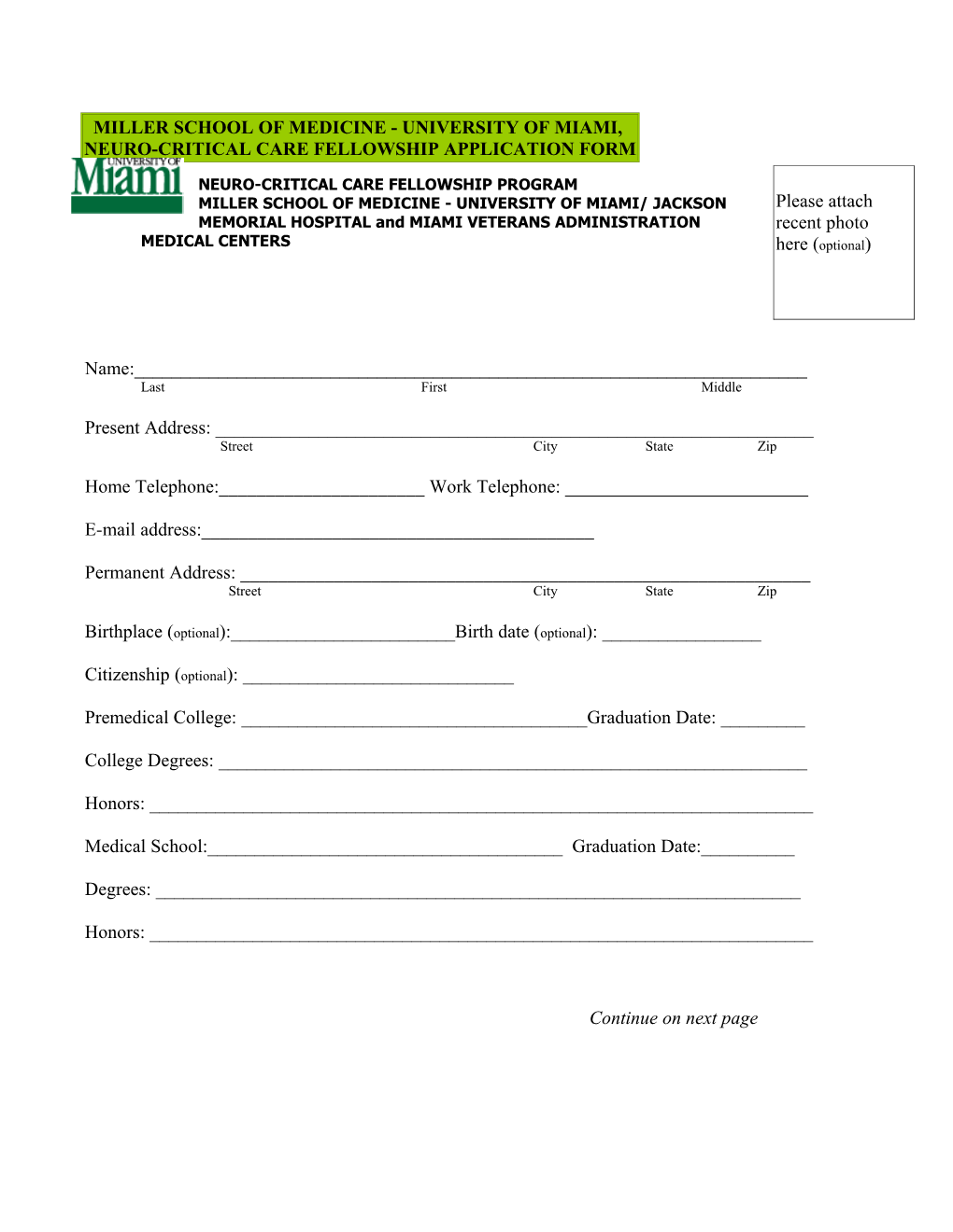 University of Miami Miller School of Medicine Sleep Fellowship Application for 2008