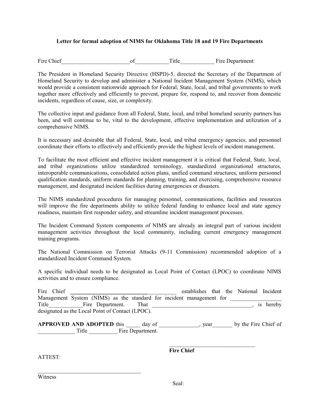 Letter for Formal Adoption of NIMS for Oklahoma Title 18 and 19 Fire Departments