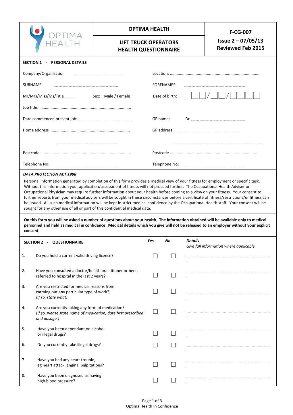 Lift Truck Operators Health Questionnaire