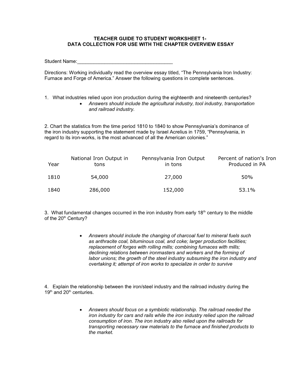 Student Worksheet 1: Data Collection