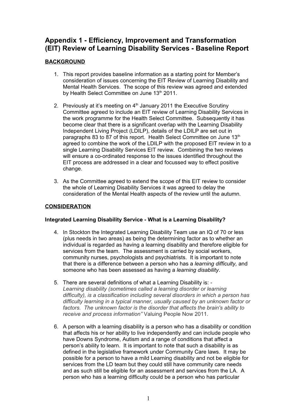 Efficiency, Improvement and Transformation (EIT) Review of Learning Disability Services