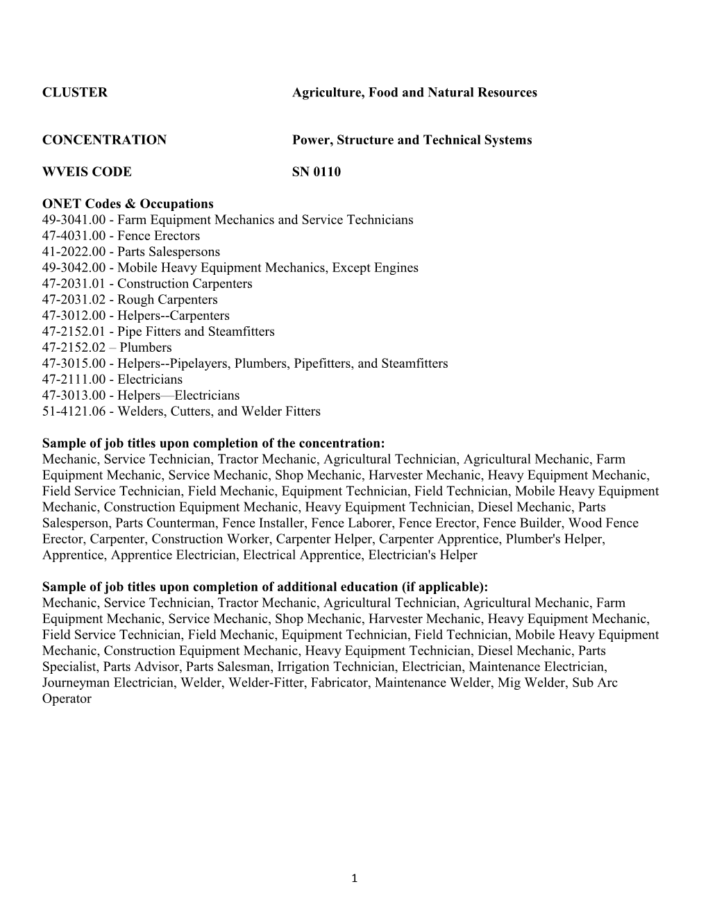 CLUSTER Agriculture, Food and Natural Resources