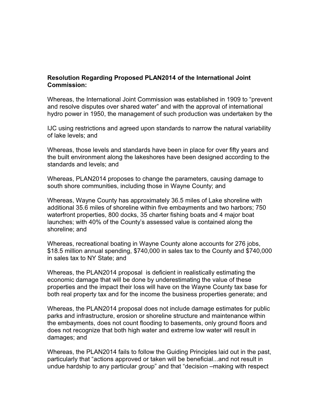 Resolution Regarding Proposed PLAN2014 of the International Joint Commission