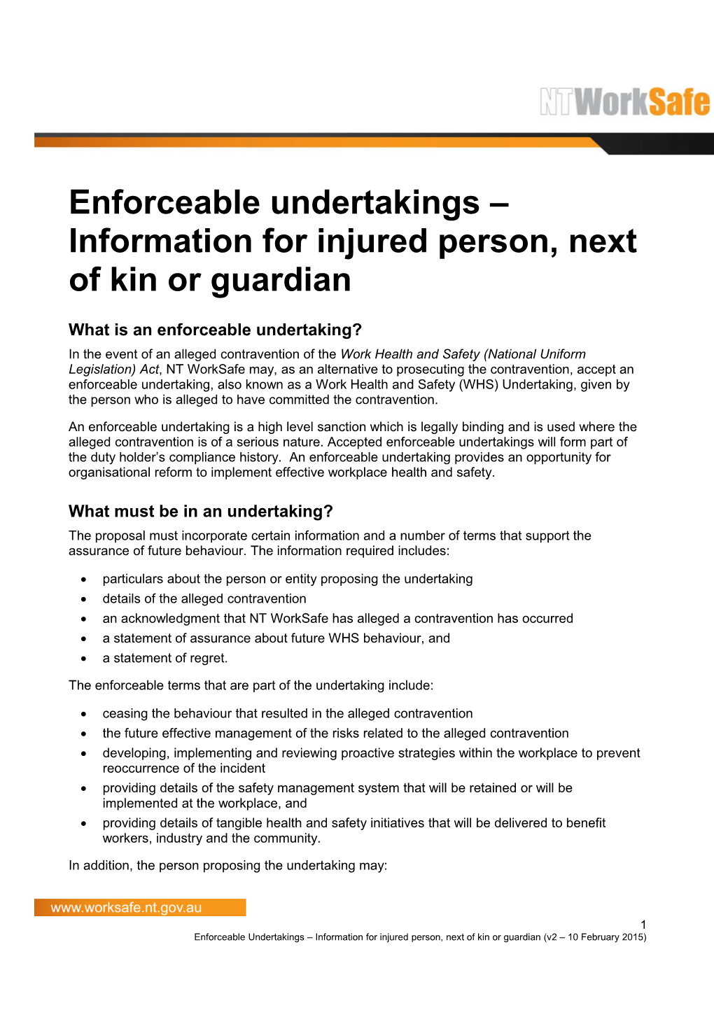 Enforceable Undertakings - Information for Injured Person's Next-Of-Kin Or Guardian