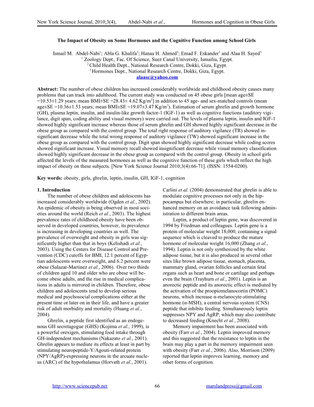 The Impact of Obesity on Some Hormones and the Cognitive Function Among School Girls