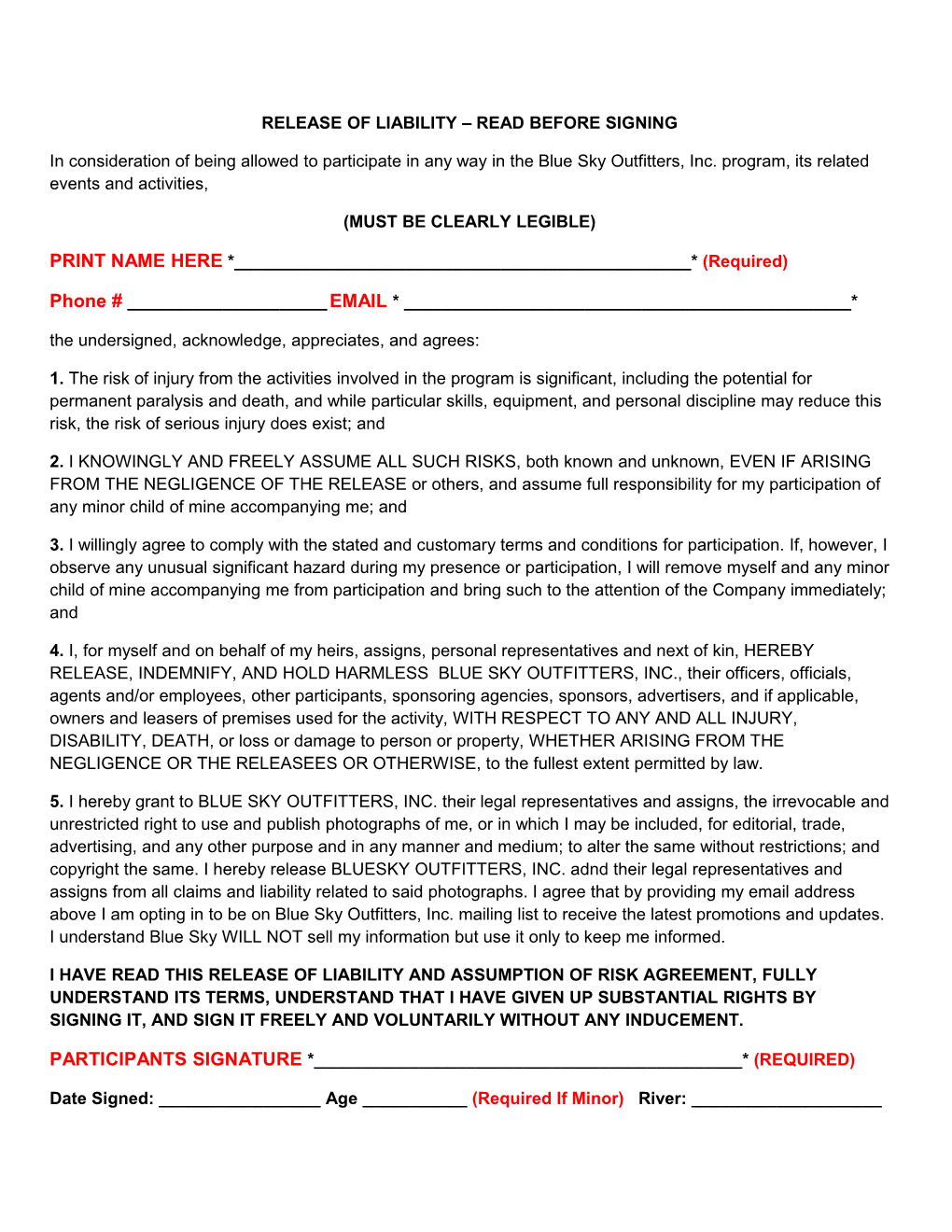 Release of Liability Read Before Signing