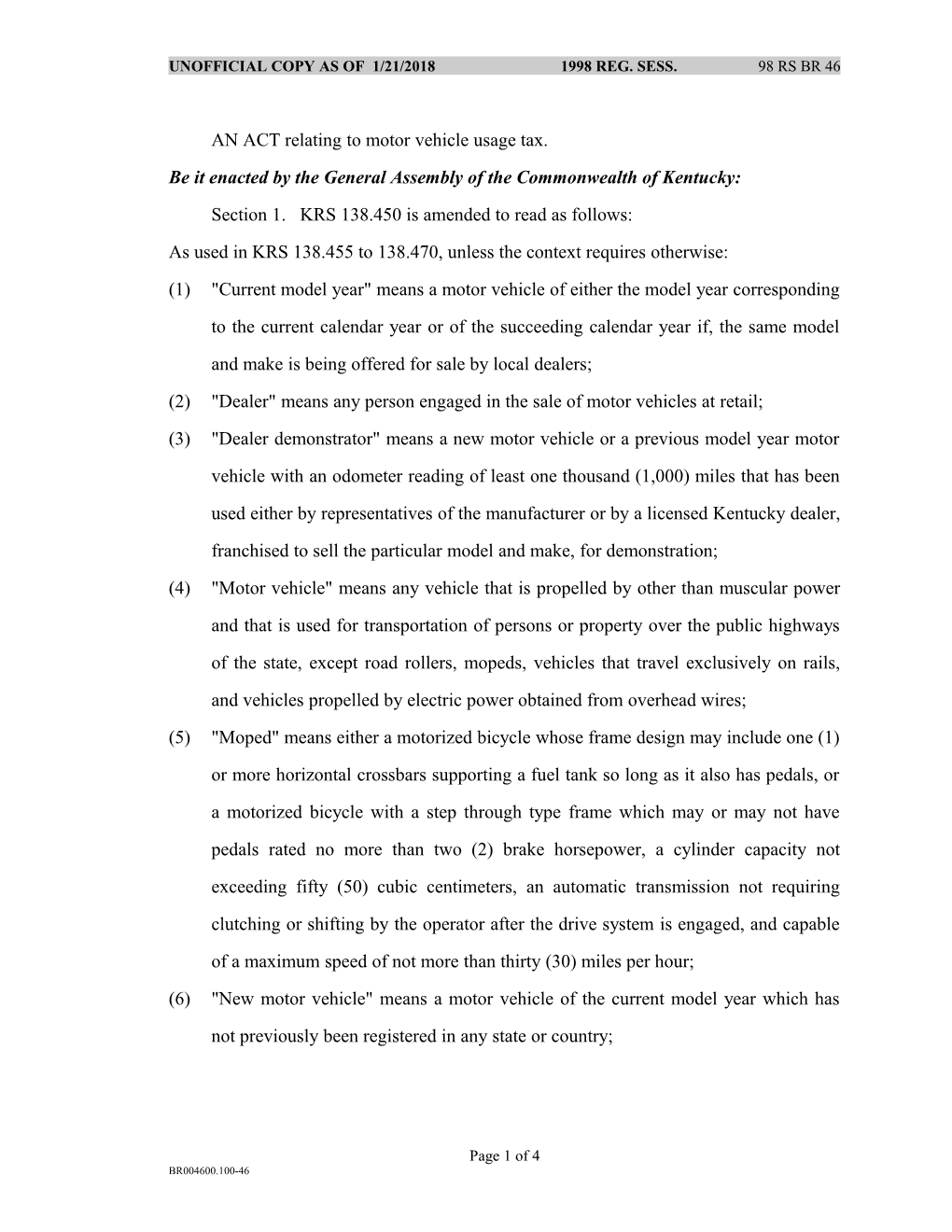 AN ACT Relating to Motor Vehicle Usage Tax