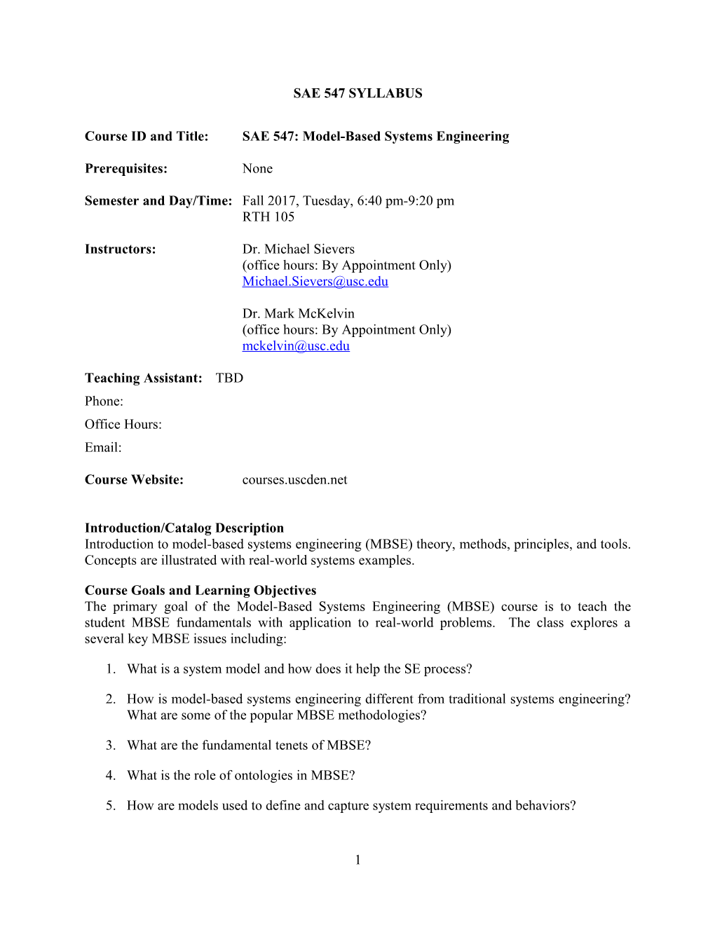 Course ID and Title: SAE 547: Model-Based Systems Engineering