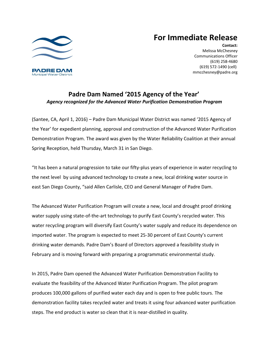 Padre Dam Named 2015 Agency of the Year