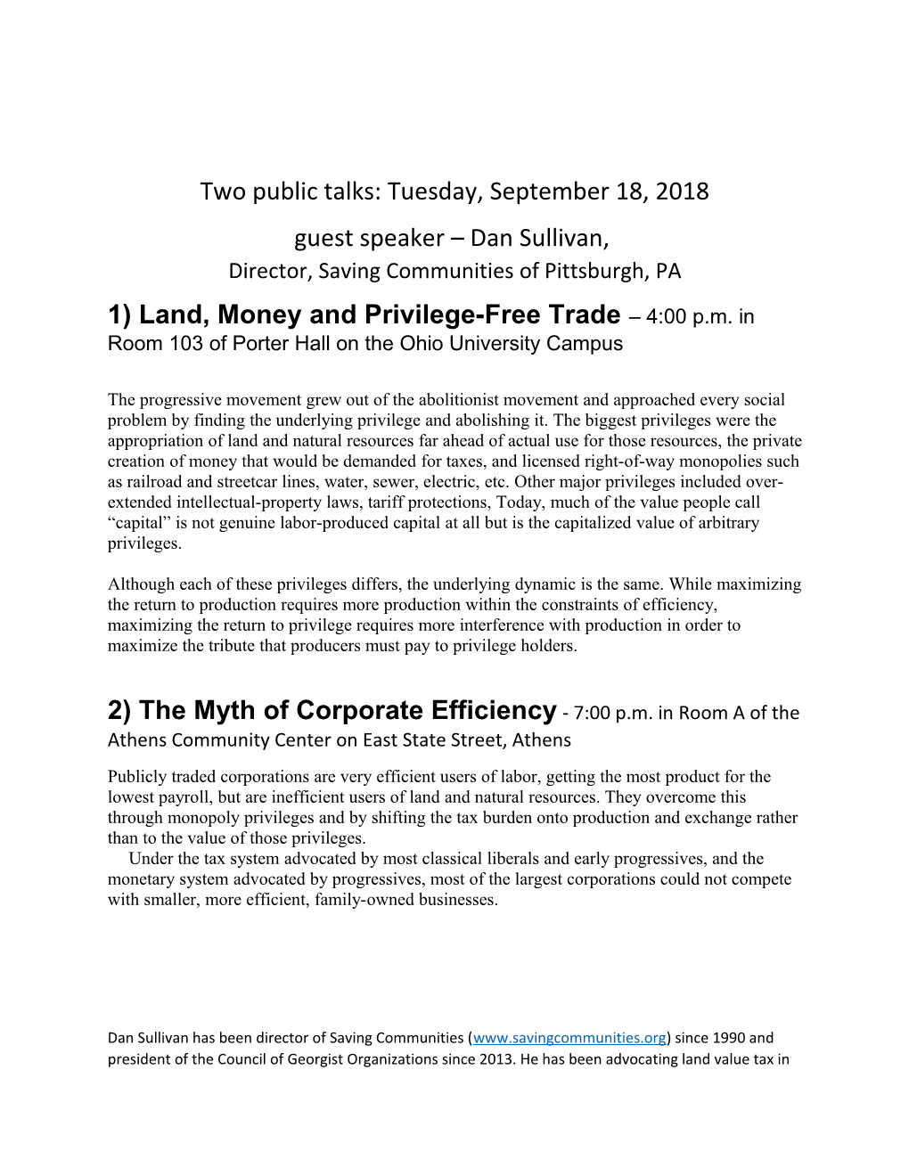 Two Public Talks: Tuesday, September 18, 2018