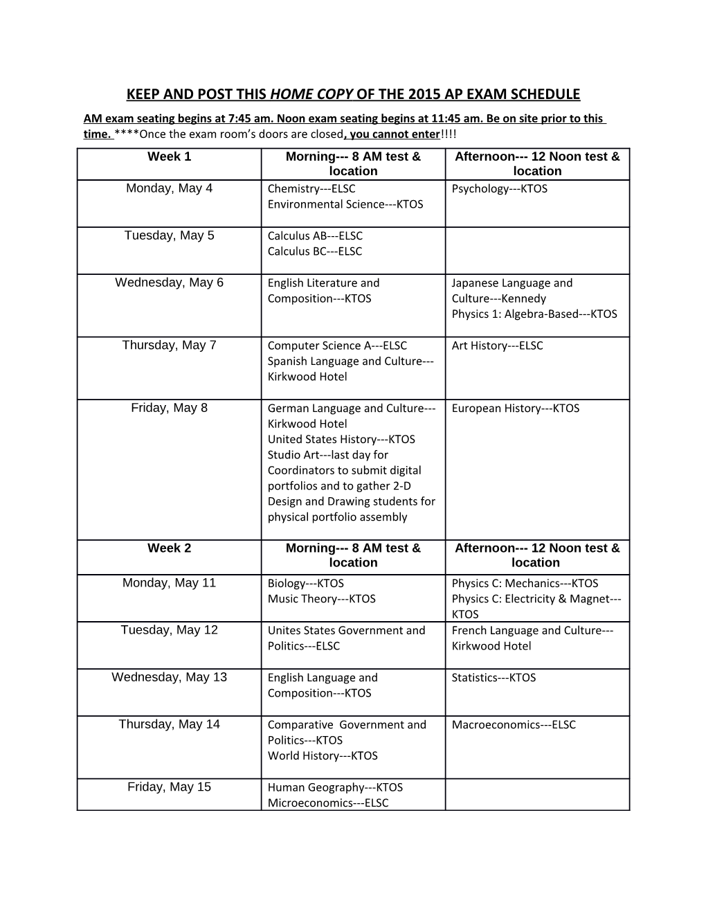 Keep and Post This Home Copy of the 2015 Ap Exam Schedule