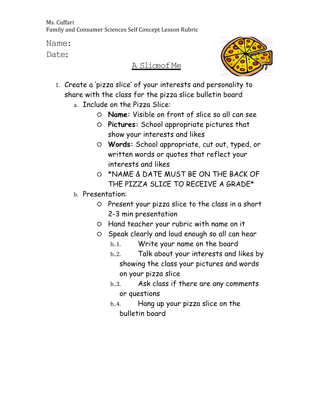 Family and Consumer Sciences Self Concept Lesson Rubric