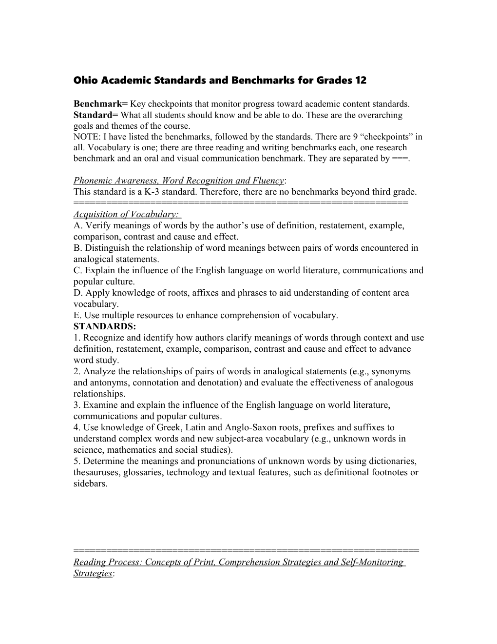 Ohio Academic Standards and Benchmarks for Grades 12