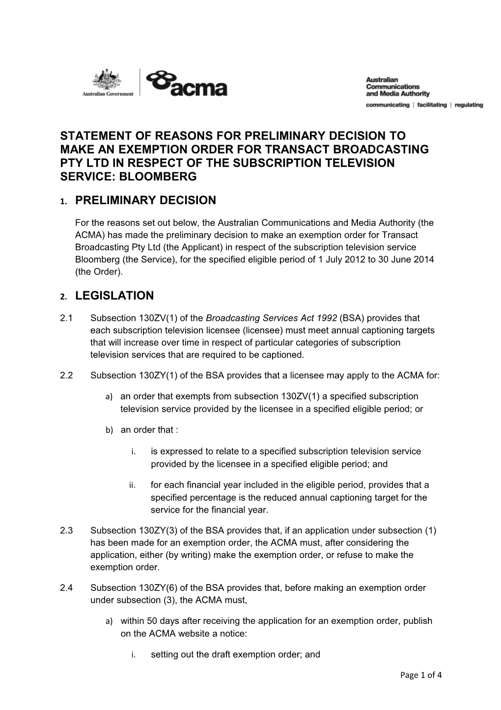 Statement of Reasons for Preliminary Decision Transact Cons 92