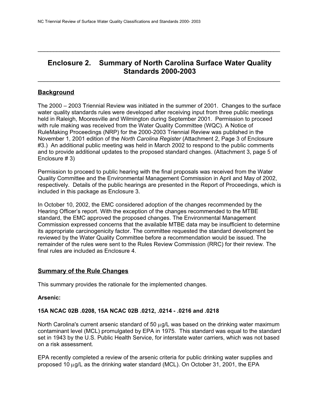 Enclosure 2. Summary of North Carolina Surface Water Quality Standards 2000-2003