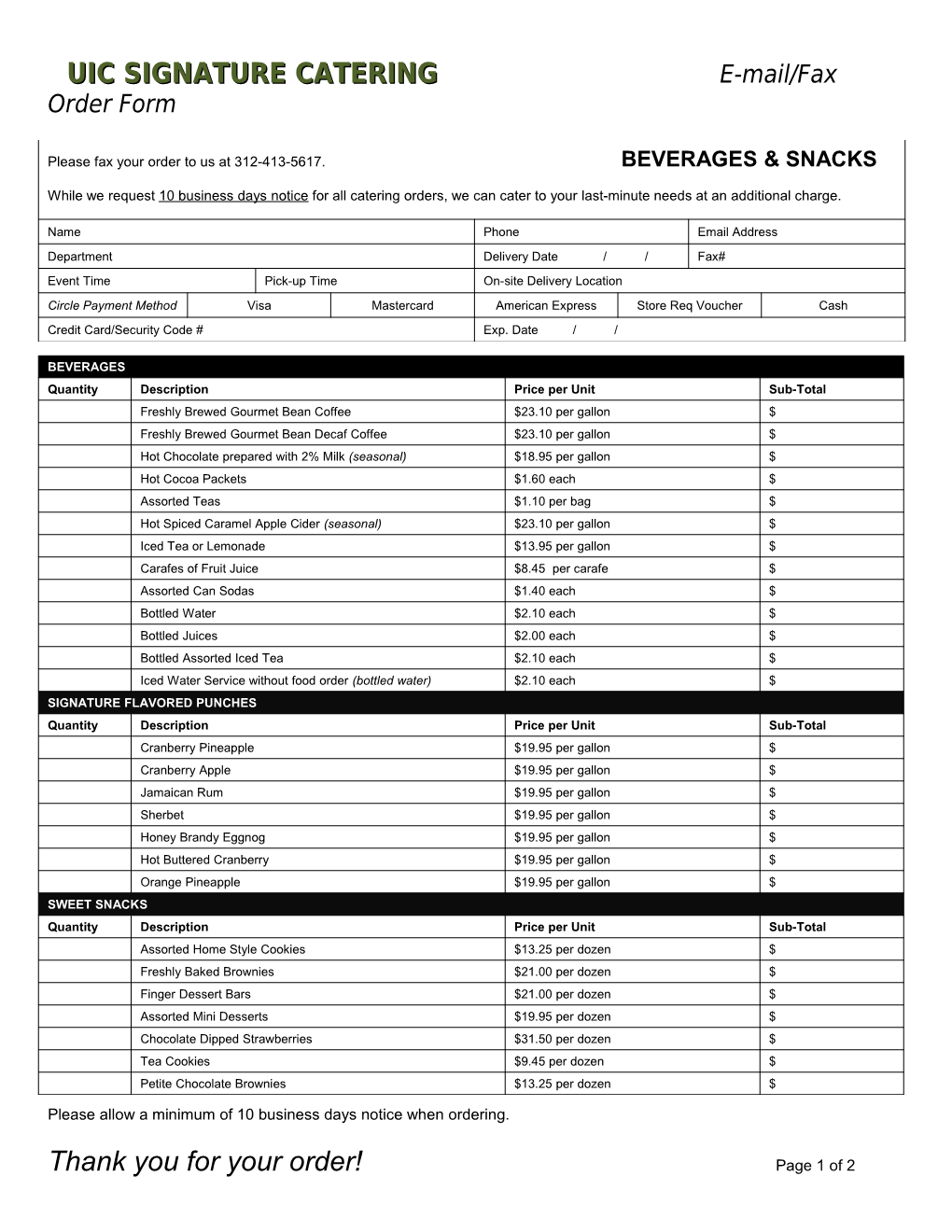 UIC SIGNATURE CATERING E-Mail/Fax Order Form