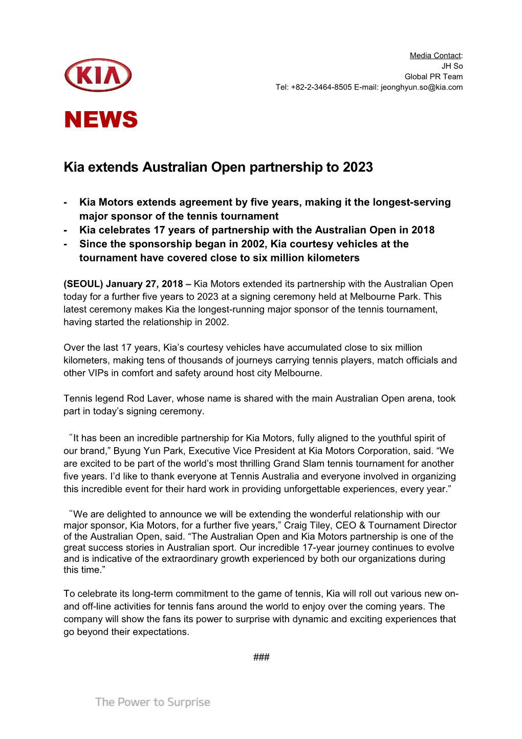 Kia Extends Australian Open Partnership to 2023