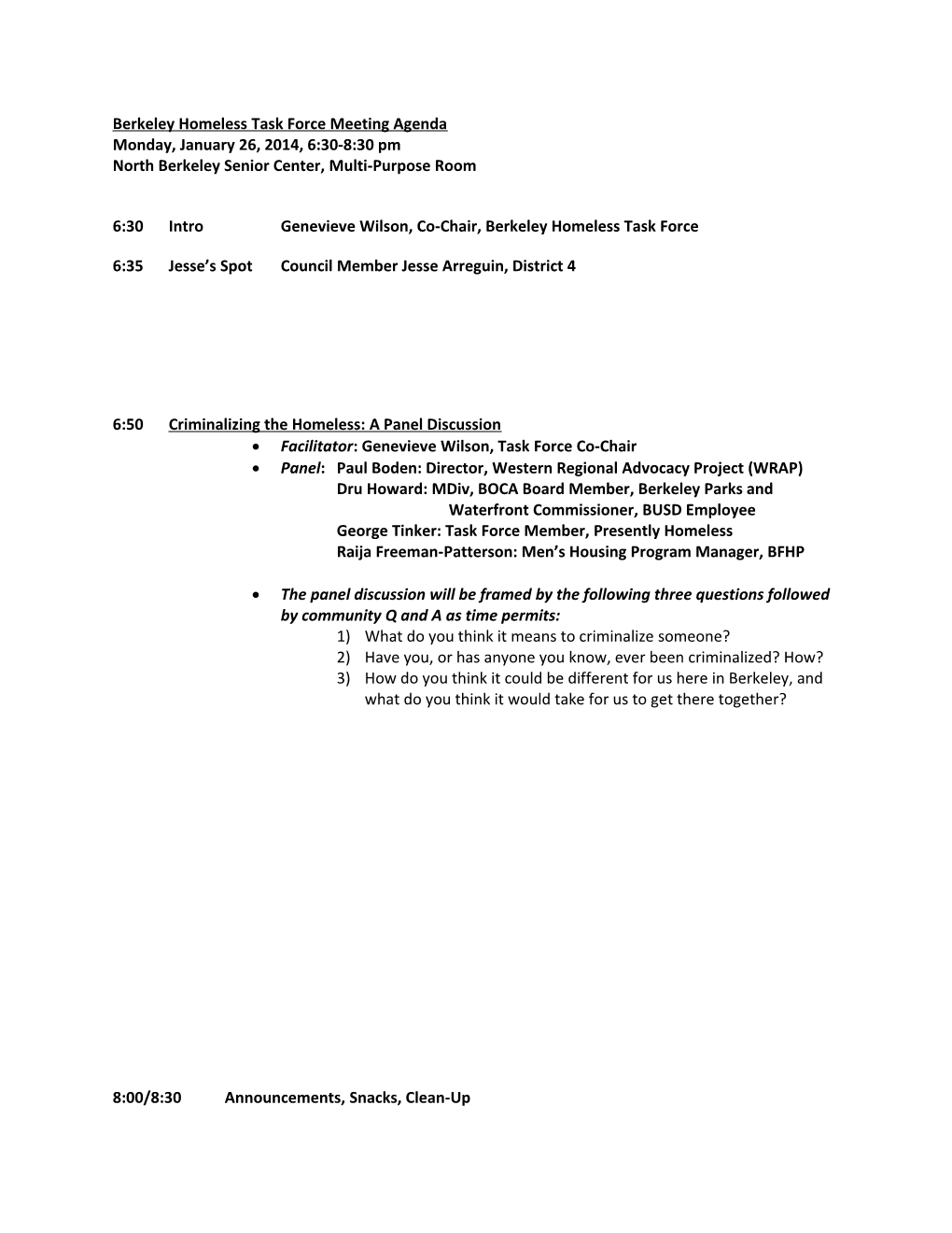 Berkeley Homeless Task Force Meeting Agenda