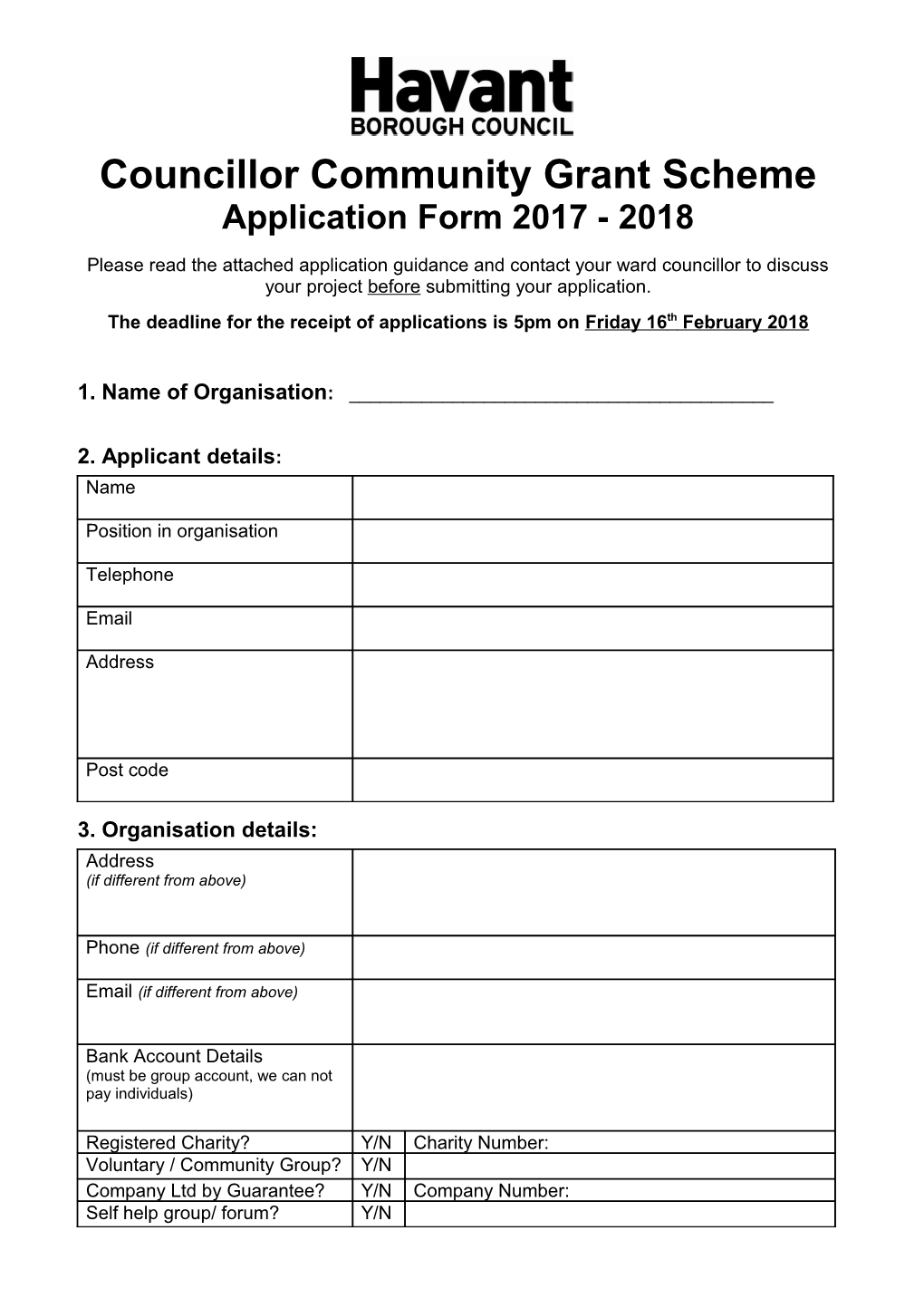 Councillor Community Grant Scheme Application Form 2017 - 2018