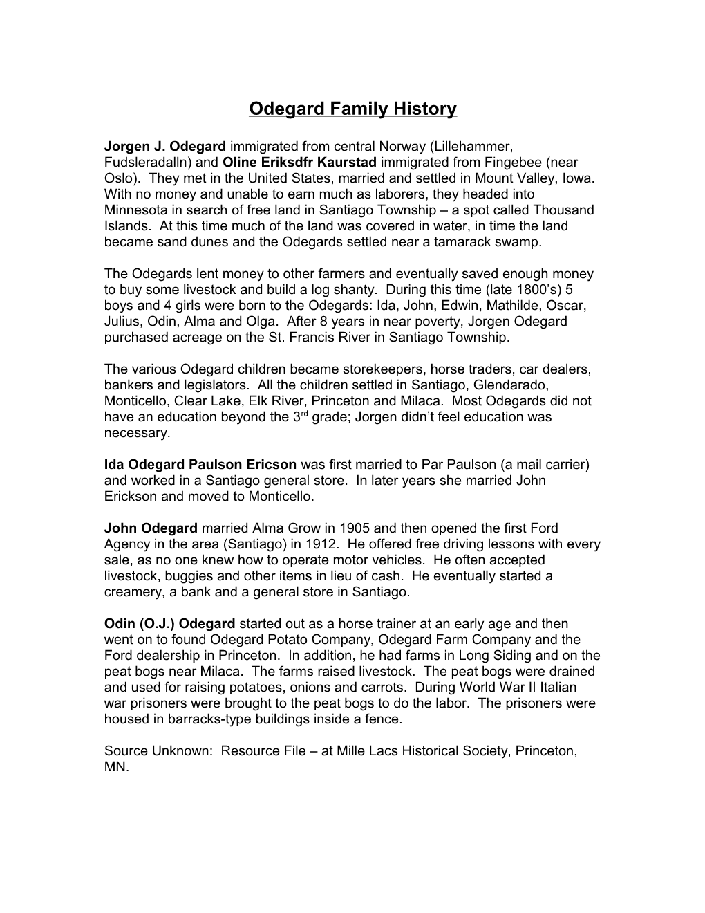 Odegard Family History