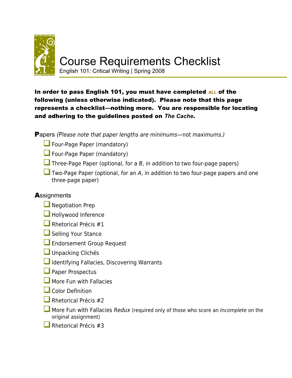 English 101: Course Requirements Checklist