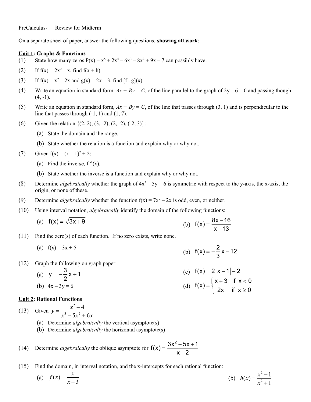 Precalculus- Review for Midterm