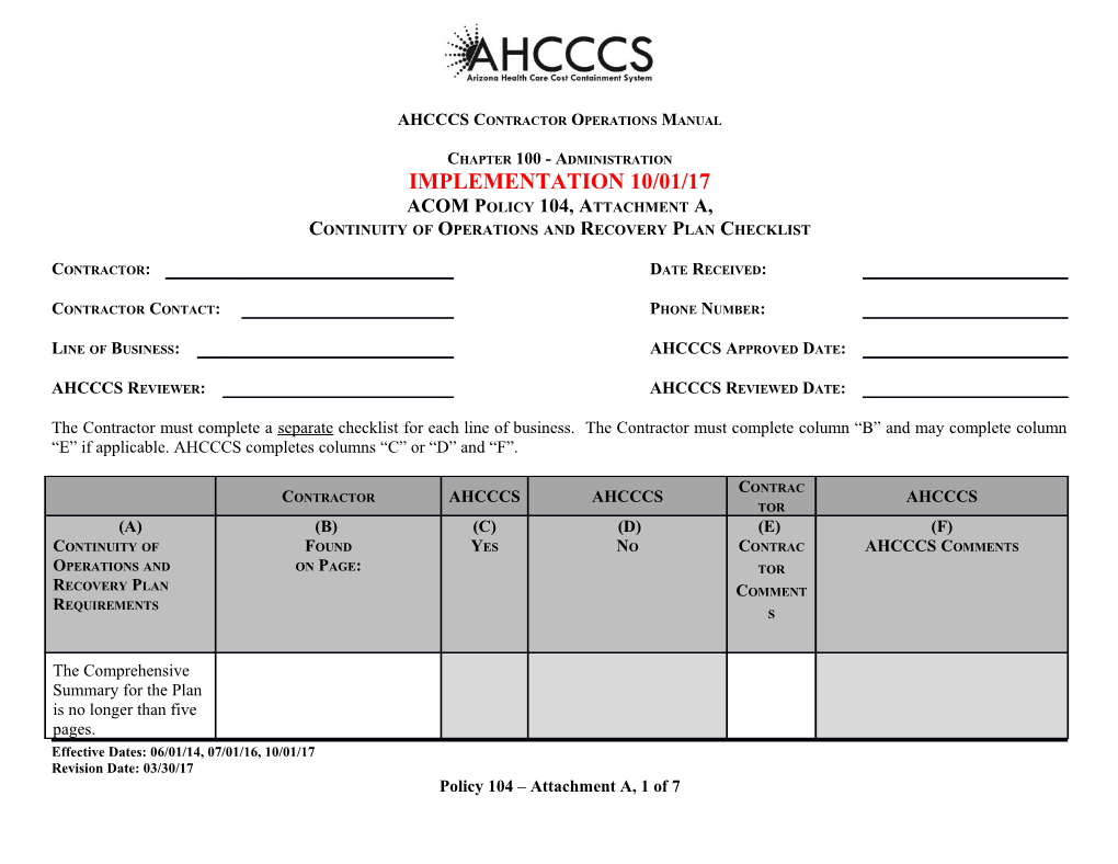 Continuity of Operations and Recovery Plan Checklist