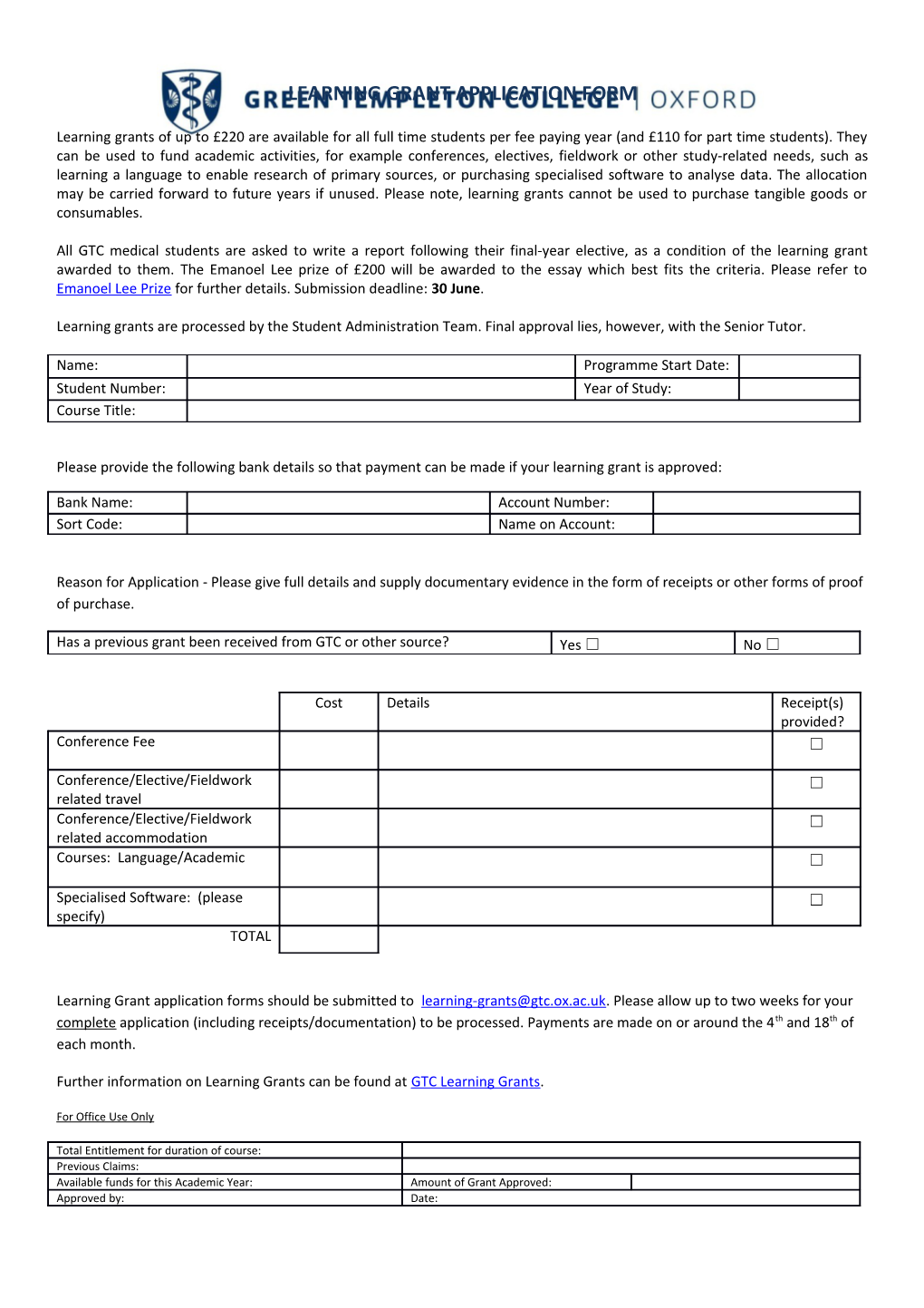 Learning Grant Application Form