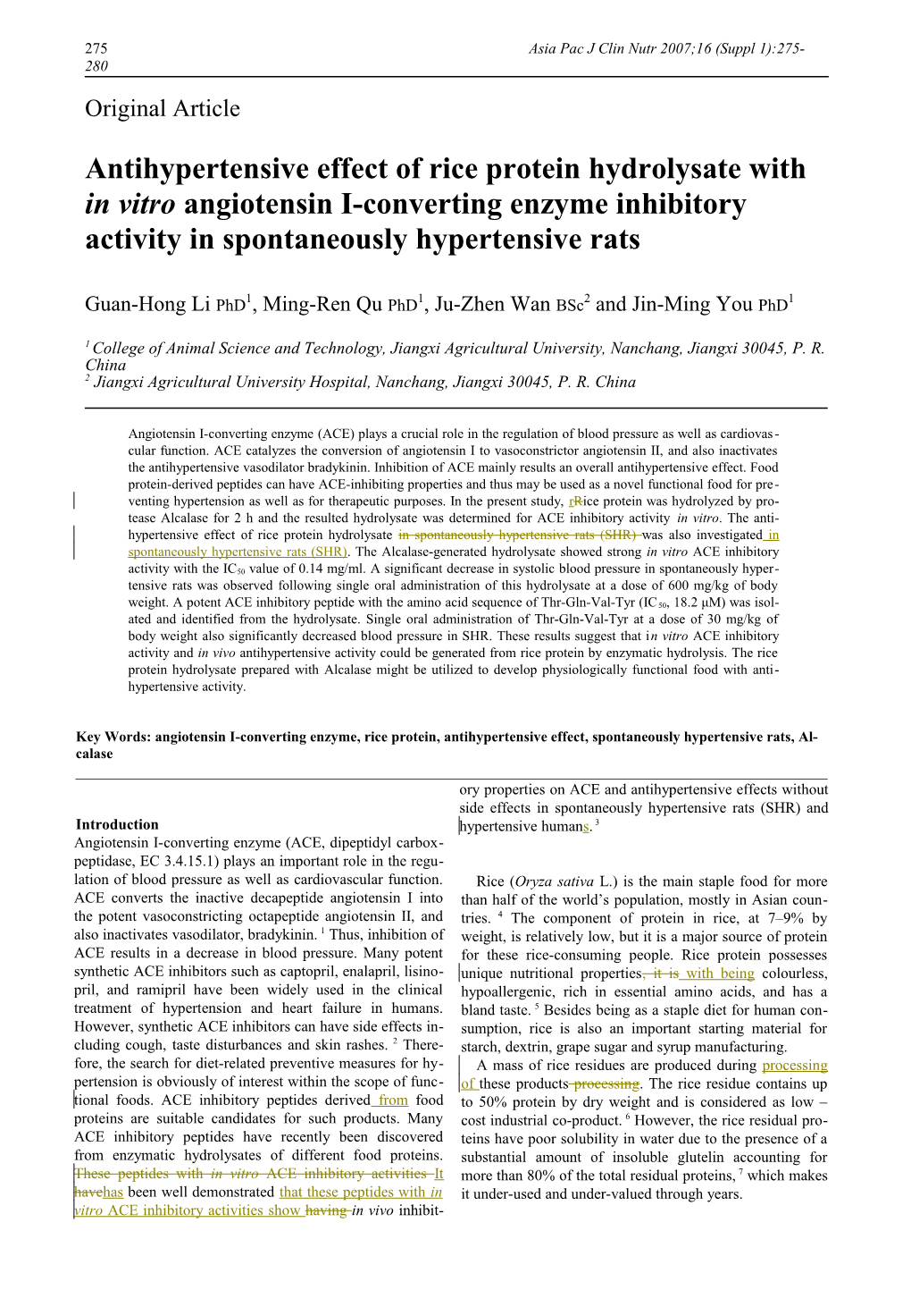 Antihypertensive Effect of Rice Protein Hydrolysate with in Vitro Angiotensin I-Converting