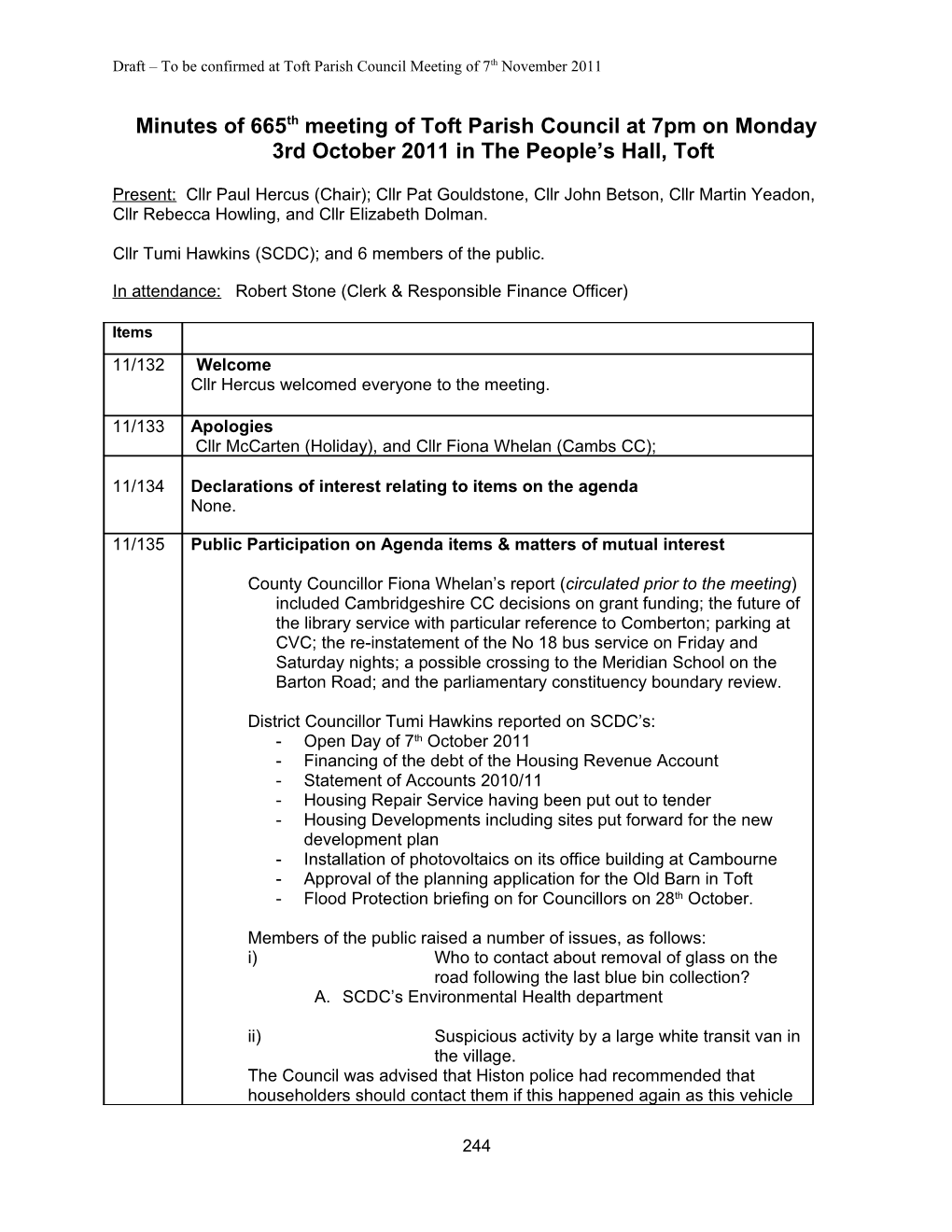 Draft to Be Confirmed at Toft Parish Council Meeting of 7Th November 2011