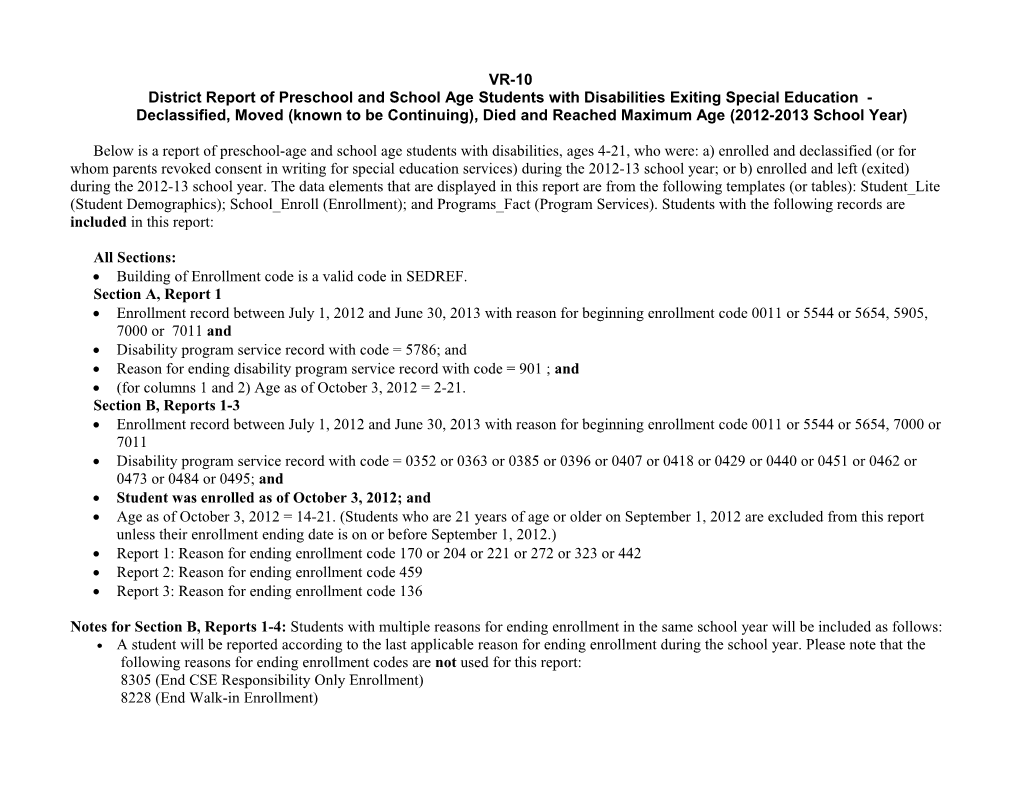 District Report of Preschool and School Age Students with Disabilities Exiting Special