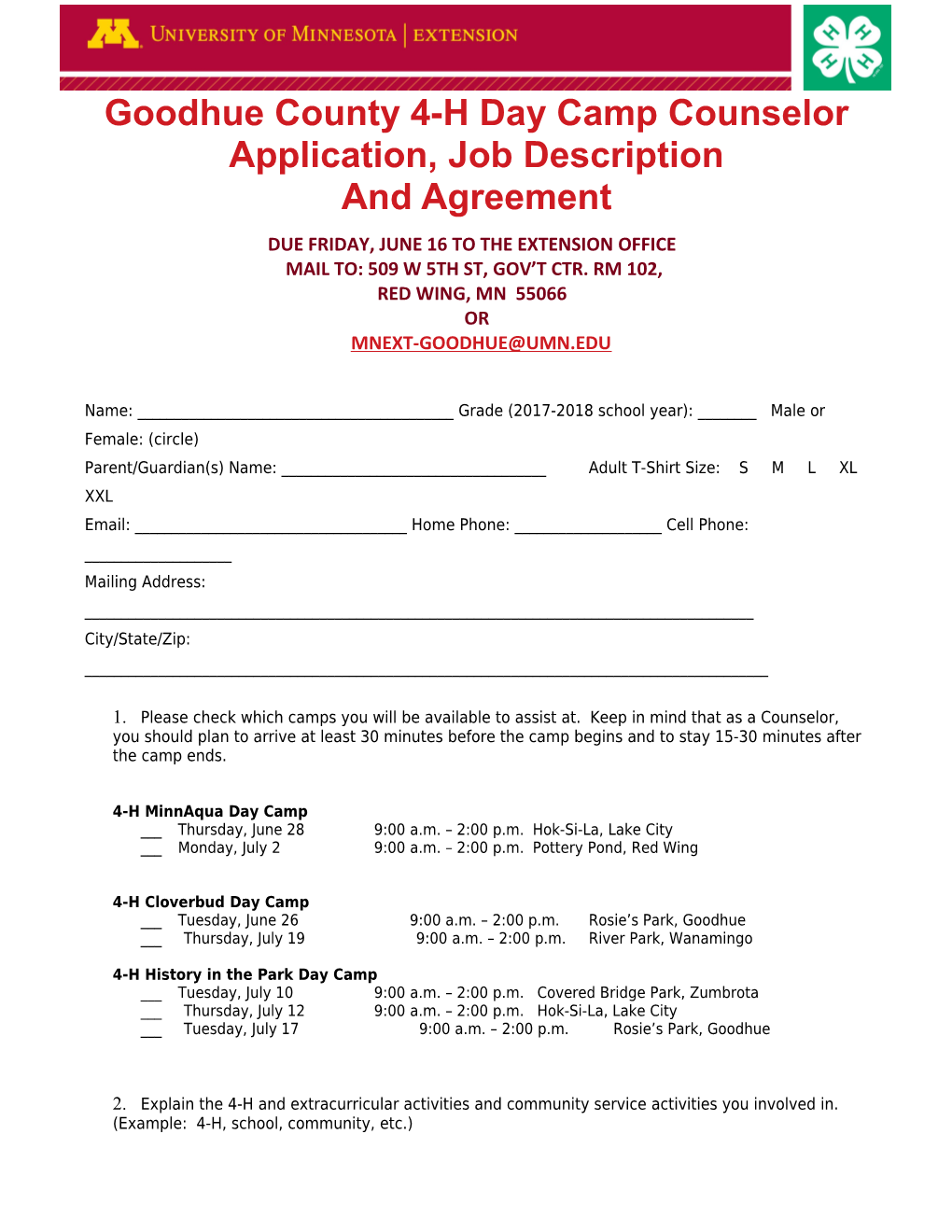 Goodhue County 4-H Day Camp Counselor Application, Job Description