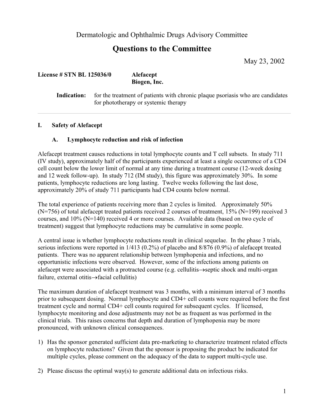 Draft Questions for the Dermatologics Advisory Committee