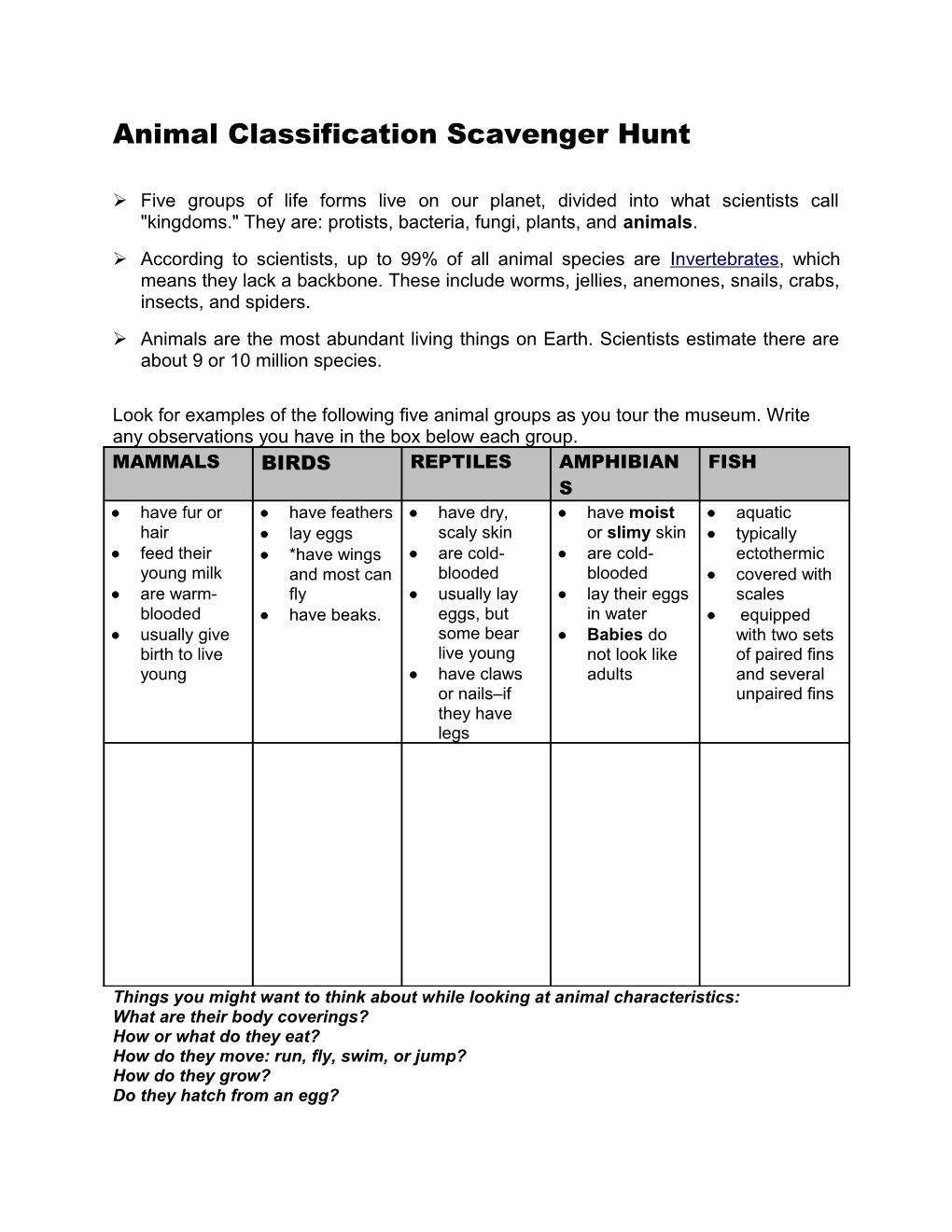 Animal Classification Scavenger Hunt