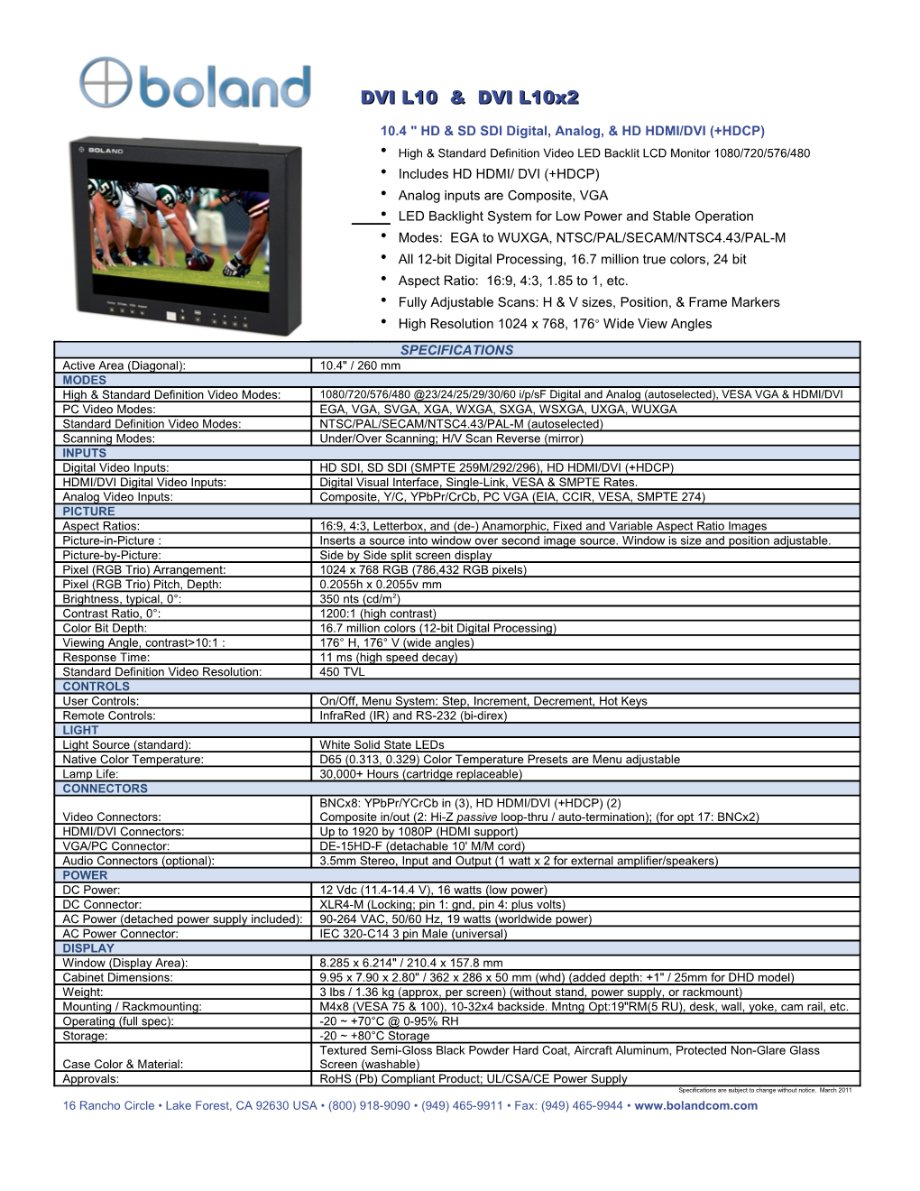 High & Standard Definition Video LED Backlit LCD Monitor 1080/720/576/480