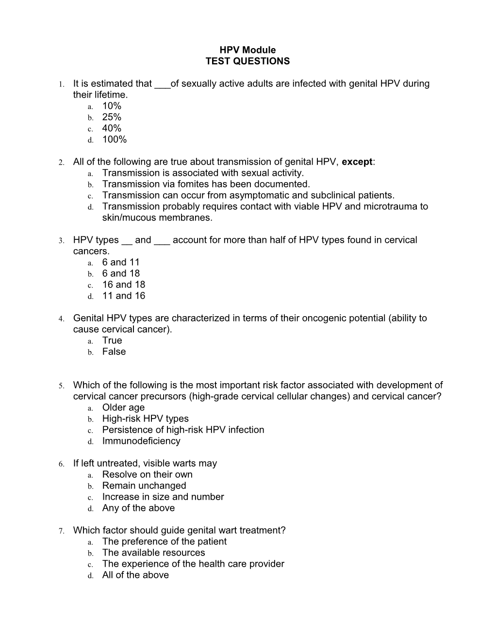 HPV Module Test Questions