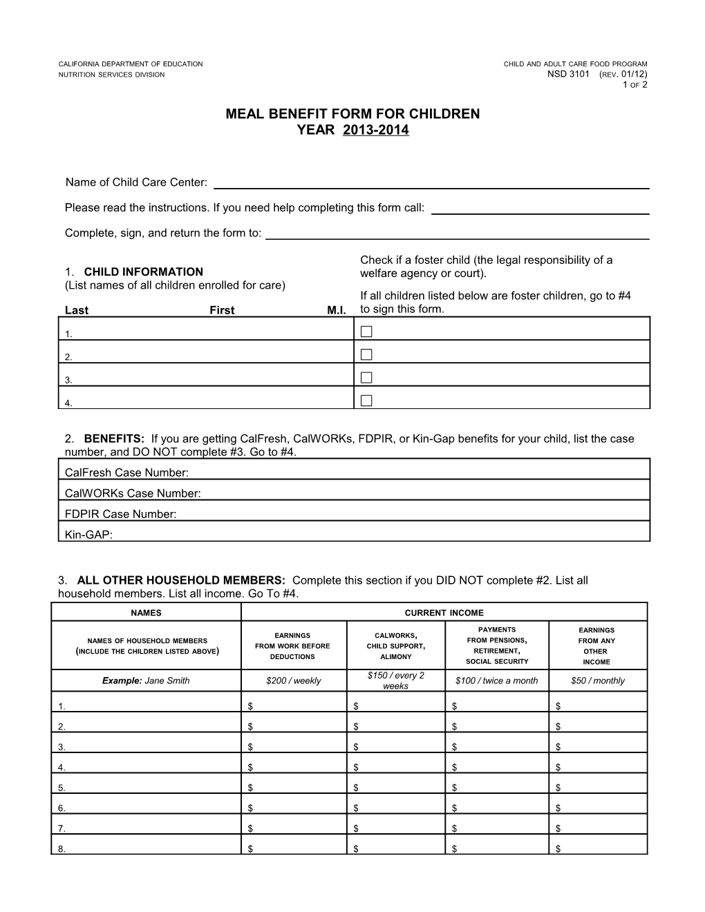 Meal Benefit Form - Child and Adult Care Food Program (CA Dept of Education) s1