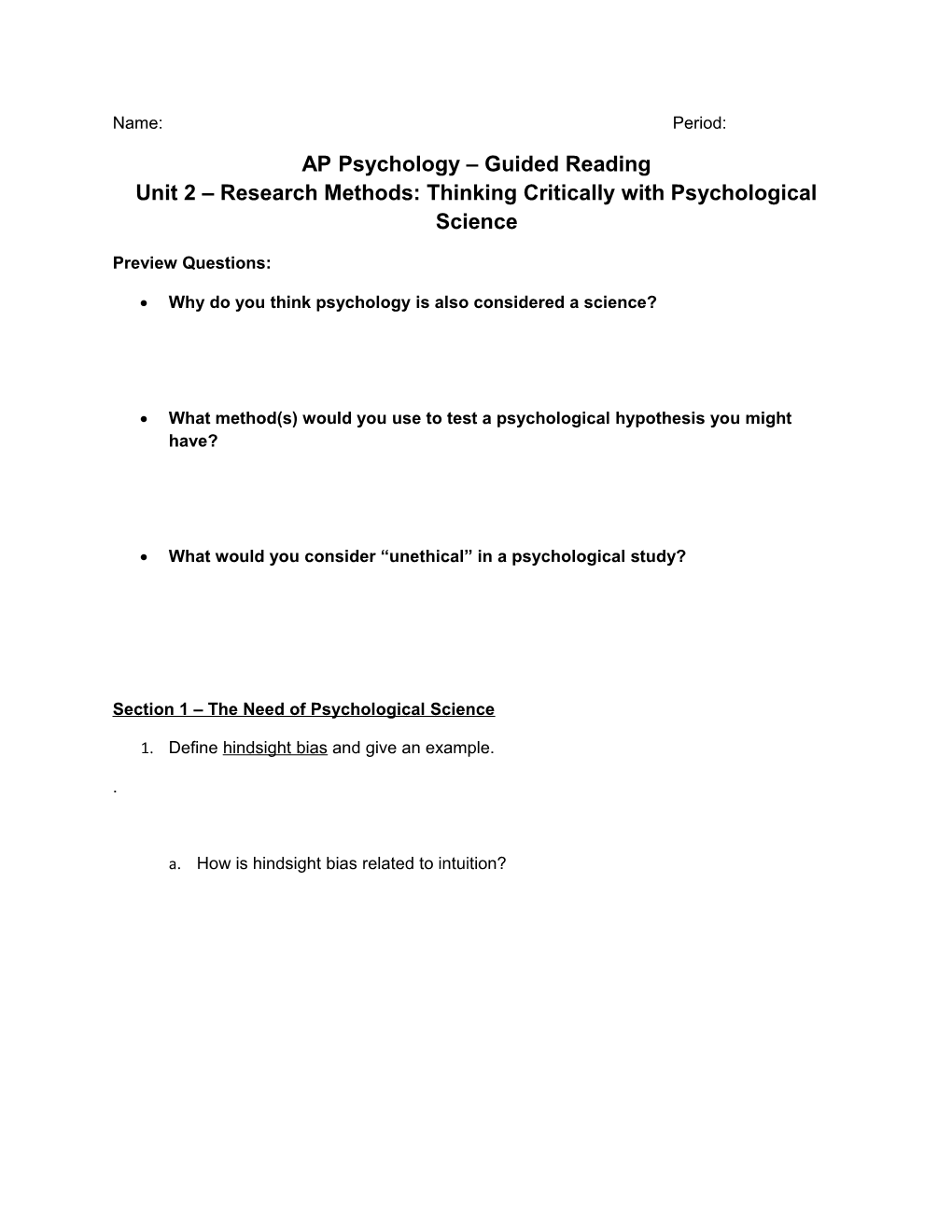 AP Psychology Guided Reading Unit 2 Research Methods: Thinking Critically with Psychological