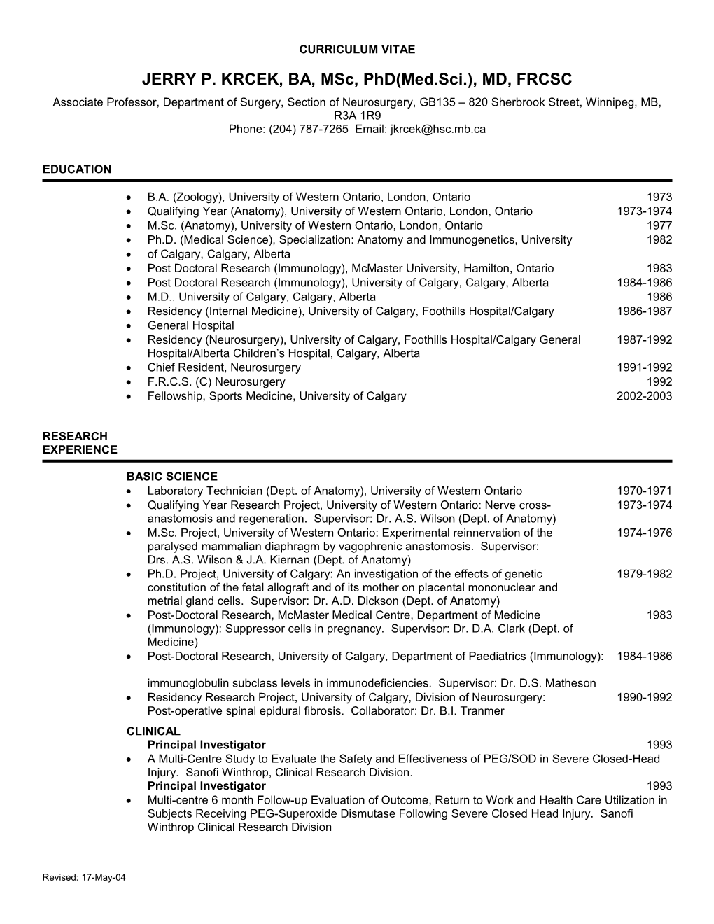 Curriculum Vitae of Jerry P. Krcek Page 8 of 8