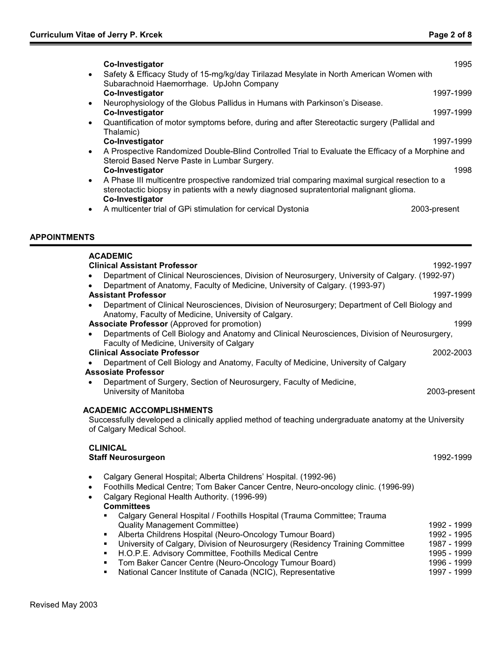 Curriculum Vitae of Jerry P. Krcek Page 8 of 8