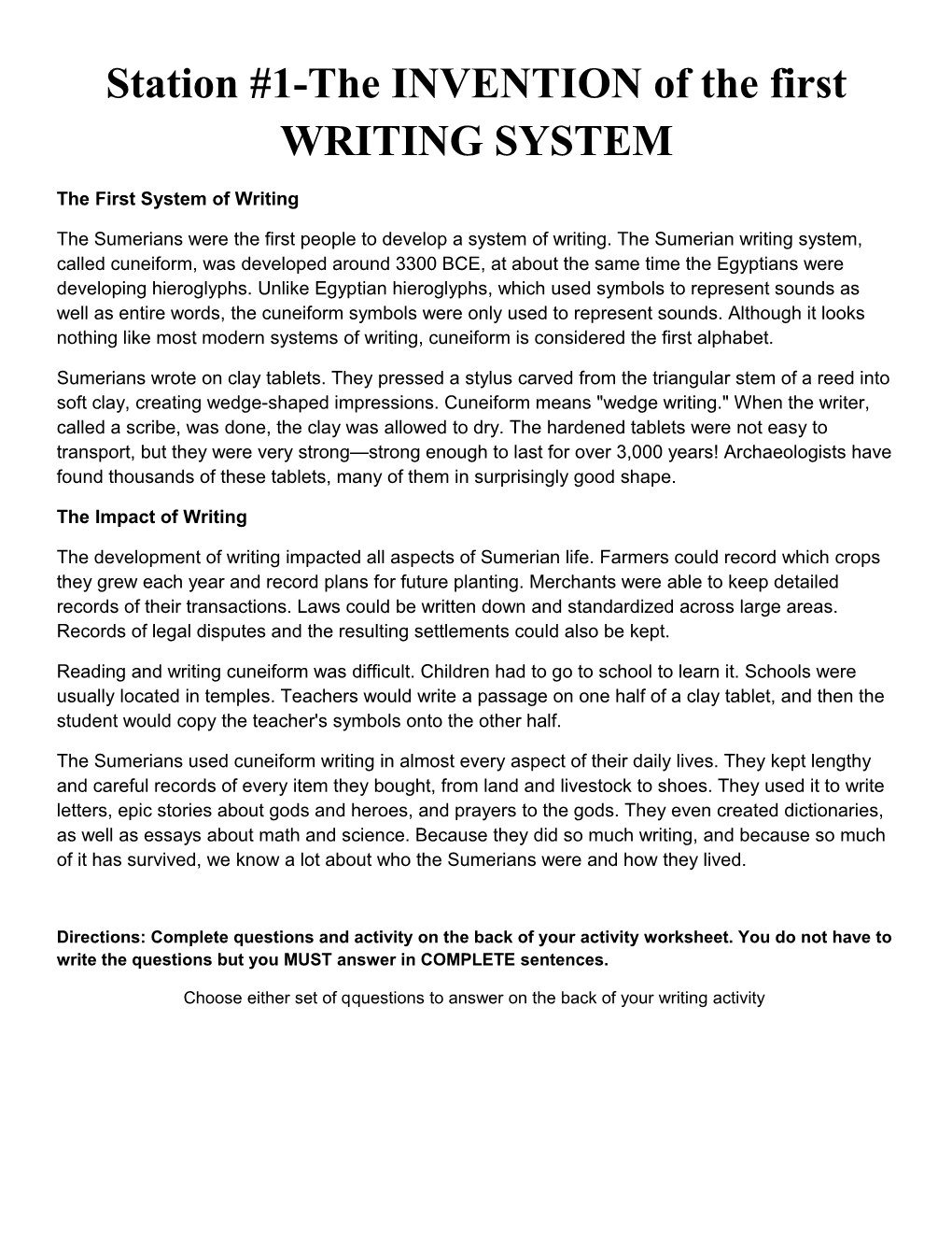 Station #1-The INVENTION of the First WRITING SYSTEM