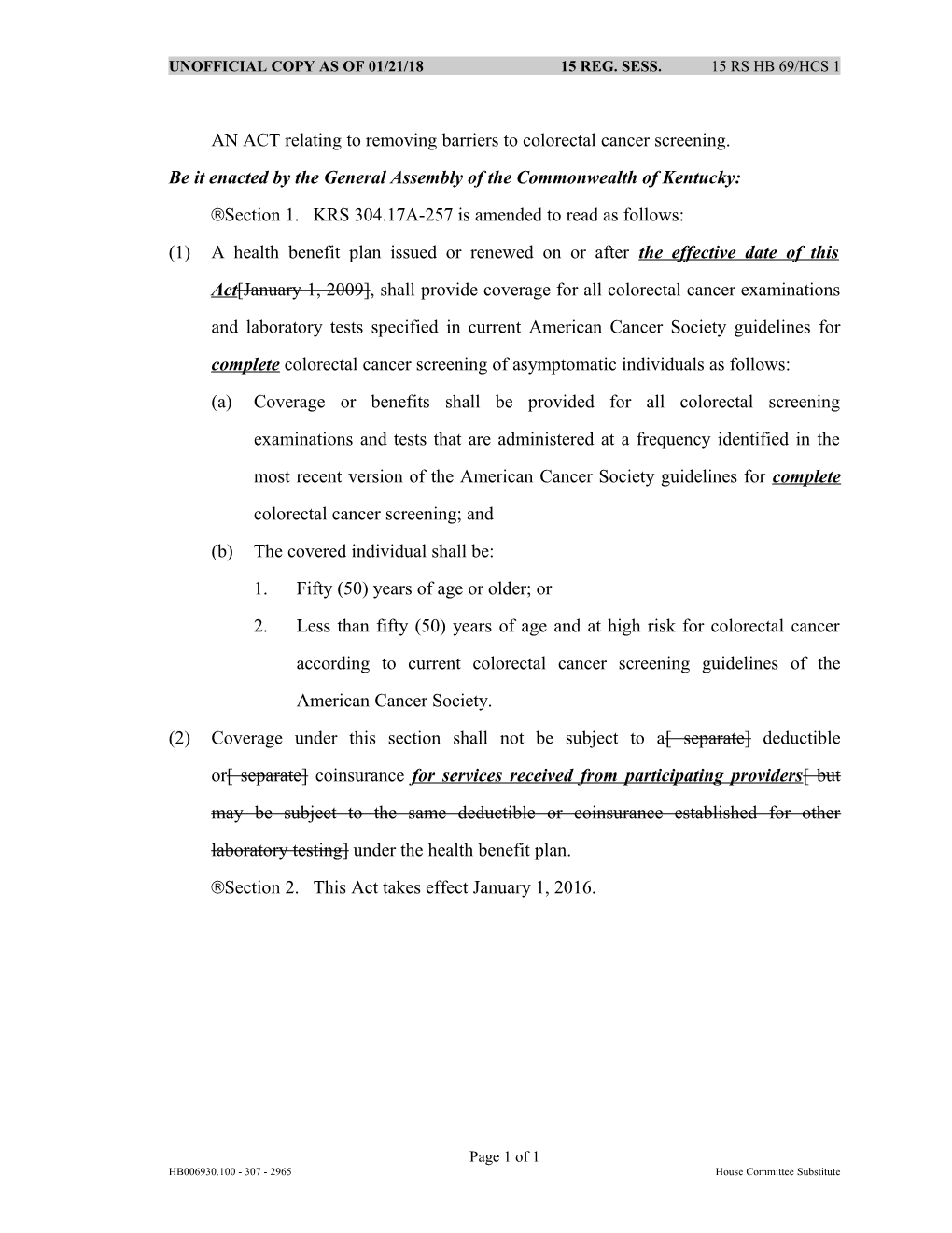 AN ACT Relating to Removing Barriers to Colorectal Cancer Screening